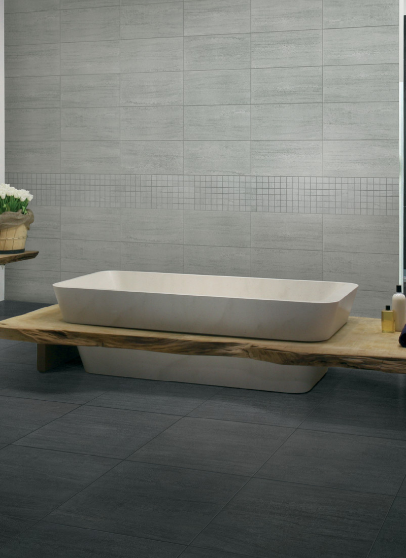 Floor Tiles<small>30x60 - Fusion Black</small>Wall Tiles<small>30x60 - Fusion Grey</small>Featured Tiles<small>30x30 - Fusion Grey Mosaic Sheet</small>