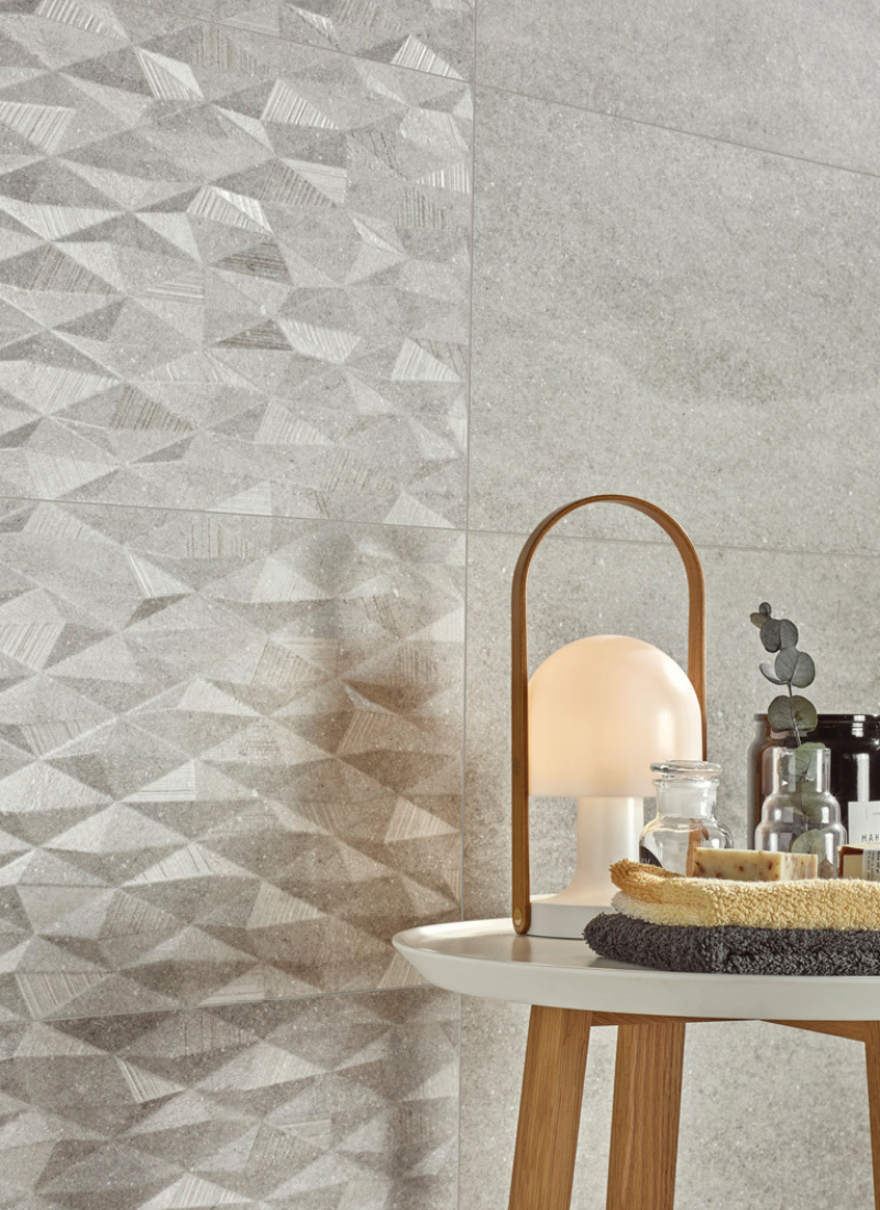 Wall Tiles<small>31.6x100 - Hawaii Grey Wall</small>Featured Tiles<small>31.6x100 - Hawaii Grey Nara Feature</small>