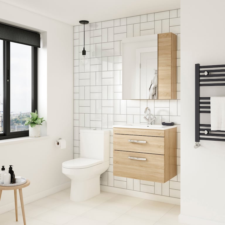 Natural Oak 600mm Wall Hung Vanity & Mid-Edge Basin